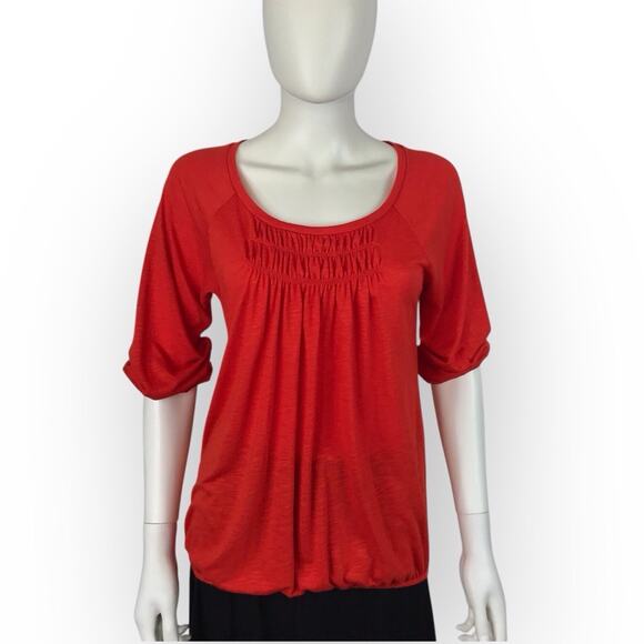 Ann Taylor Red Smocked 3/4 Sleeve Tee Shirt Blouse - Picture 2 of 6